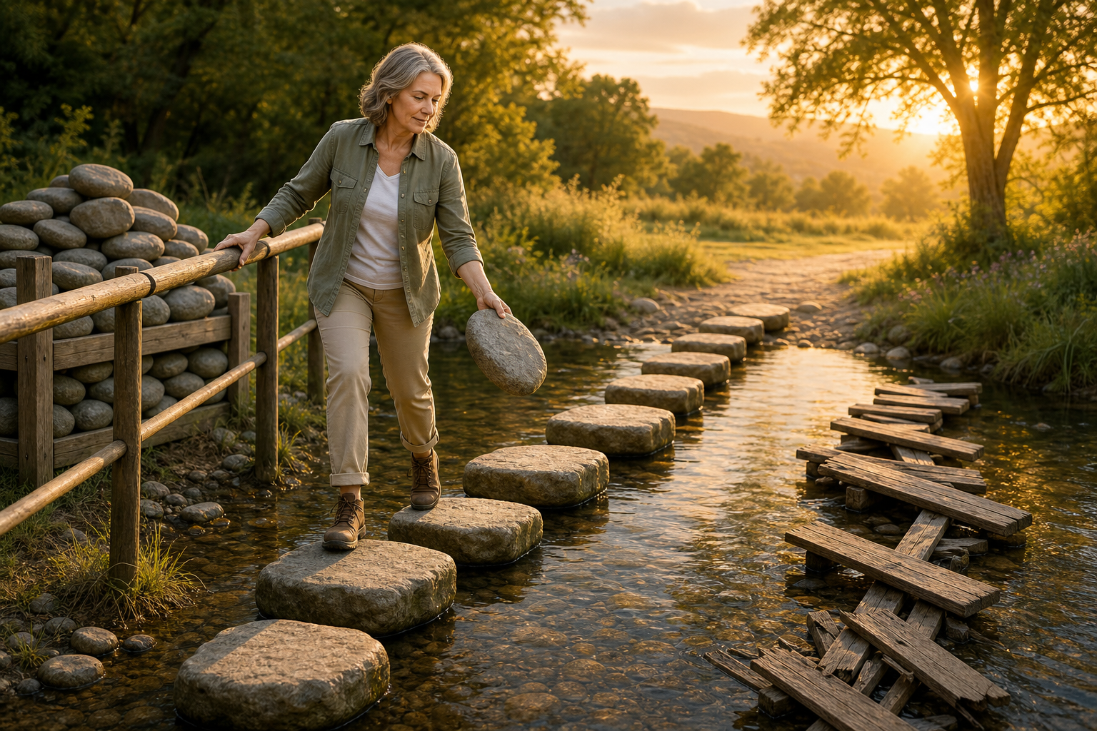 A woman builds a stable stepping-stone route across a shallow stream while an unstable shortcut sits nearby.