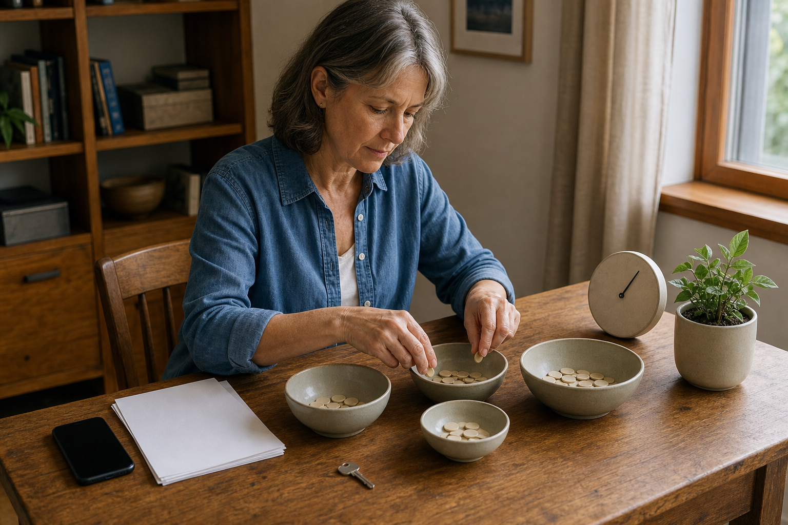 A woman at a one-person home desk sorts plain tokens into separate bowls beside a key and clock.