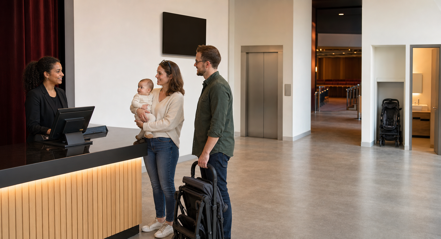 A parent holding a baby asks a theatre employee for practical information beside a folded stroller.