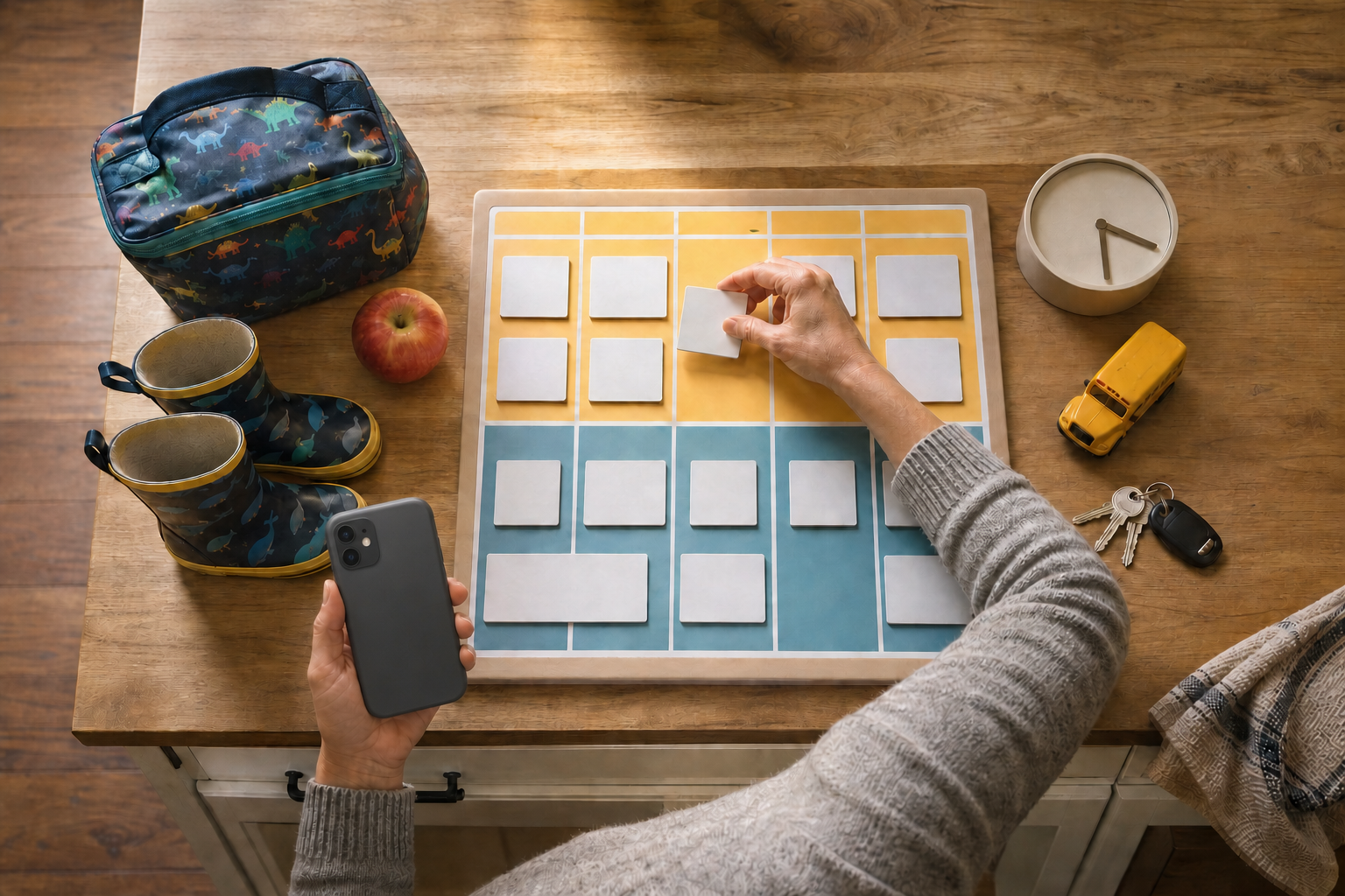A parent moves blank schedule tiles on a calendar beside a clock, lunch bag, child-sized boots, keys and a model bus.