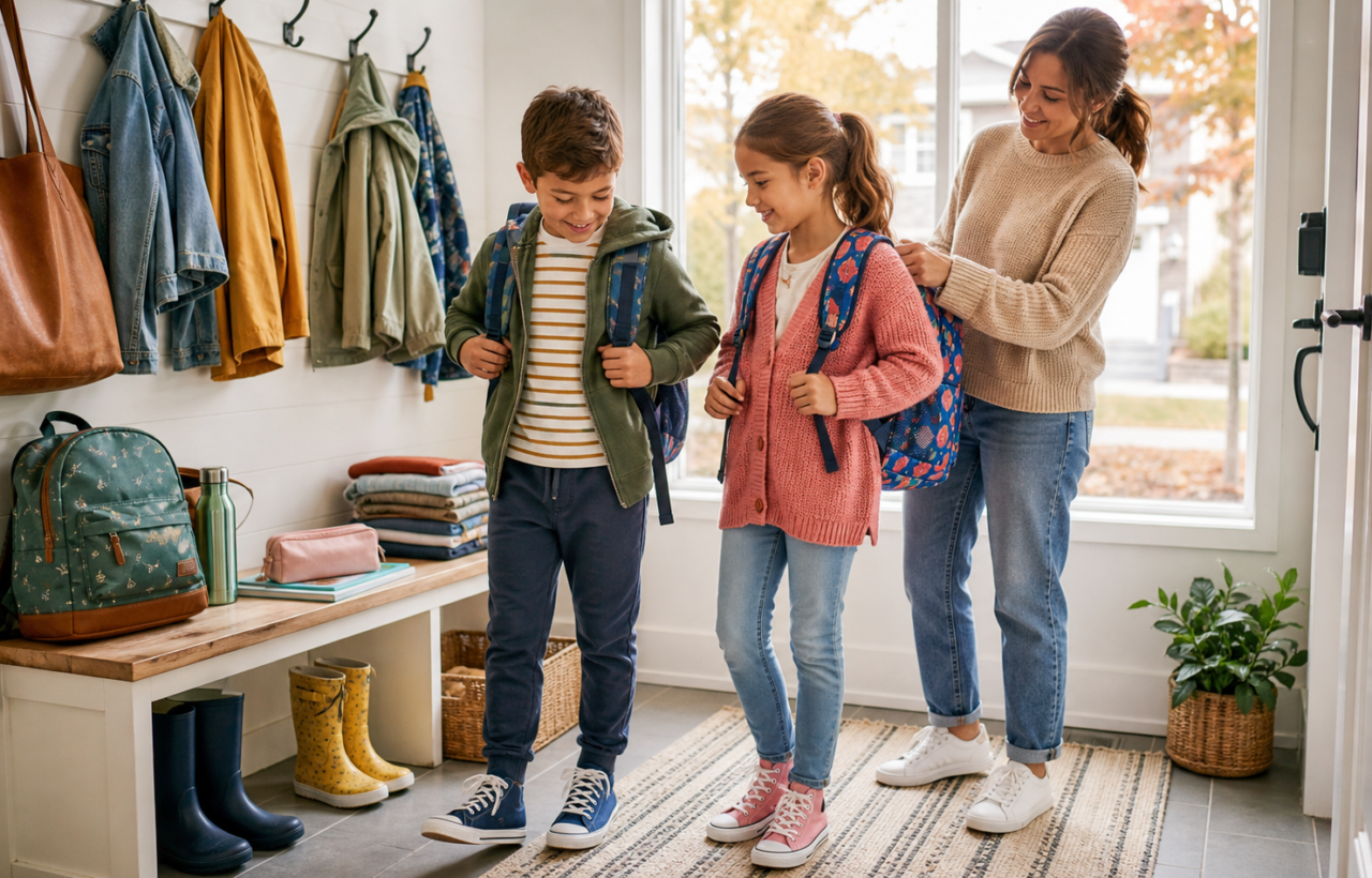 Mom helps two children with backpacks in a bright entryway before school