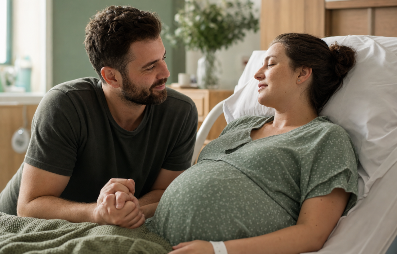 Pregnant patient resting in a hospital delivery room while a partner holds their hand