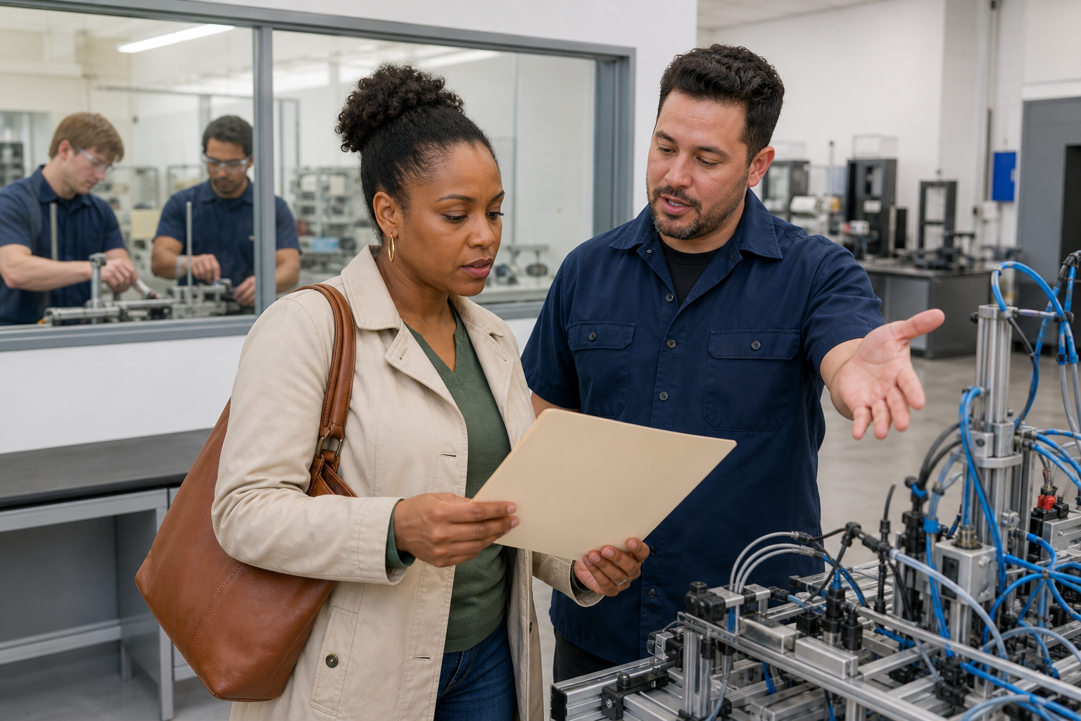 A prospective trainee speaks with an instructor and examines a credential folder while touring a vocational training lab.