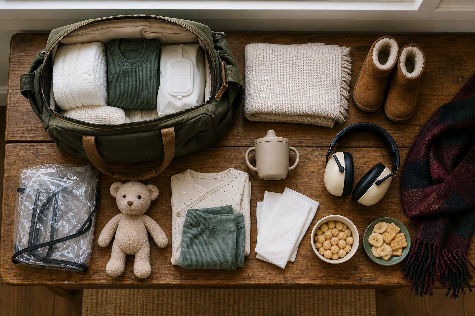 A diaper bag, spare clothes, snacks, earmuffs, comfort toy and winter accessories are arranged for a family theatre trip.