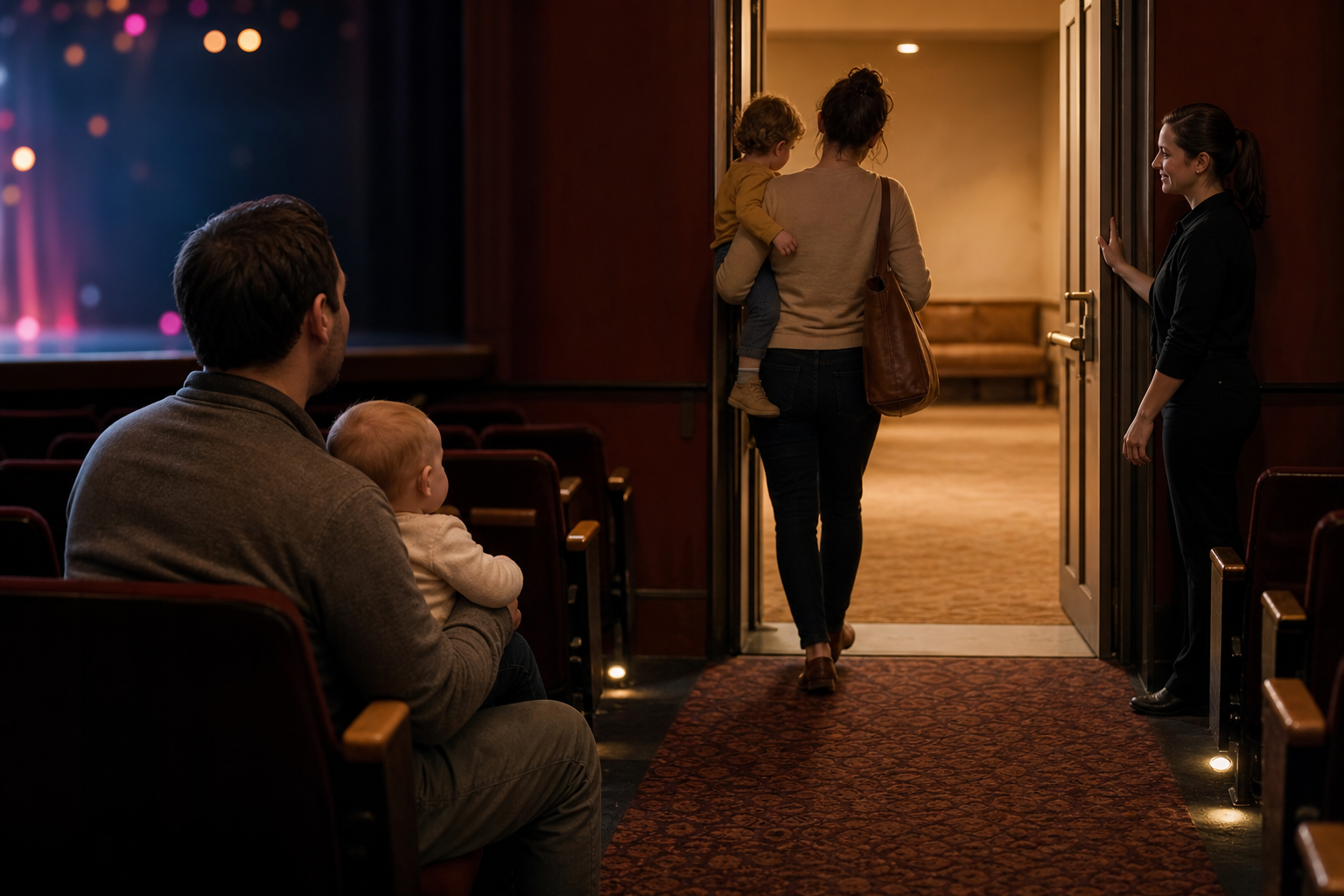 A parent carries a restless toddler through an aisle-side theatre exit while an usher holds the door.