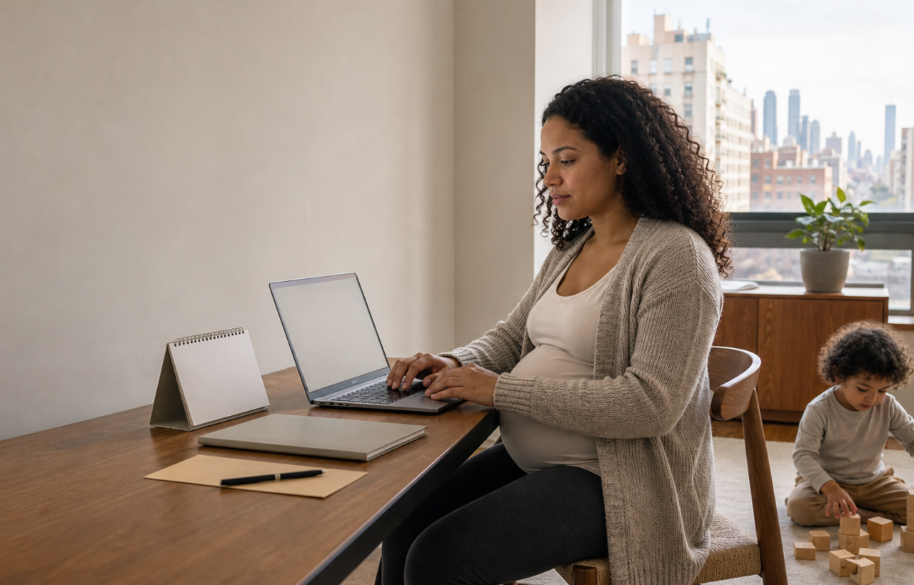 A pregnant working mother reviews leave information on a laptop at a New York City apartment table while her young child plays nearby.