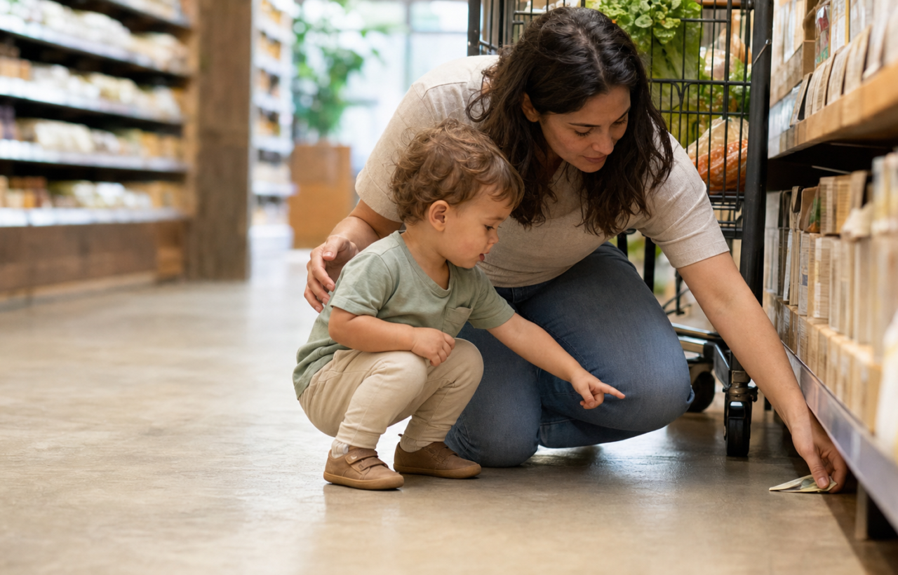 A parent kneels beside a toddler who is pointing to a folded banknote under a grocery shelf.