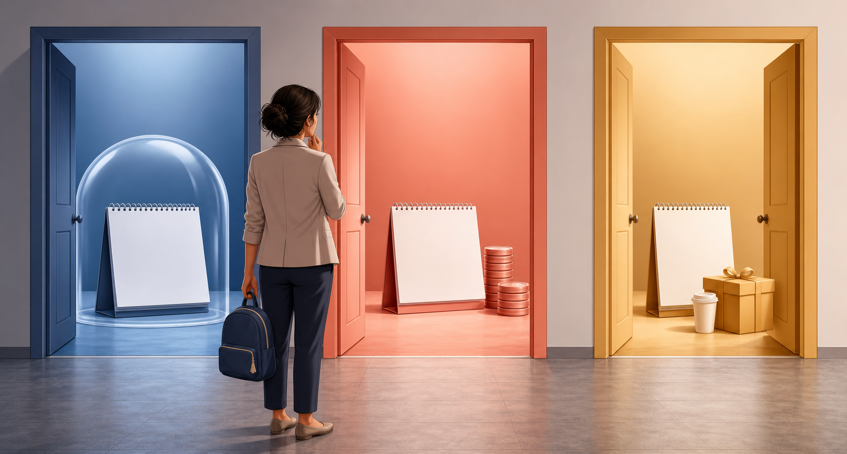 An illustrated working mother considers three separate doorways representing protected, paid, and employer-provided time off.