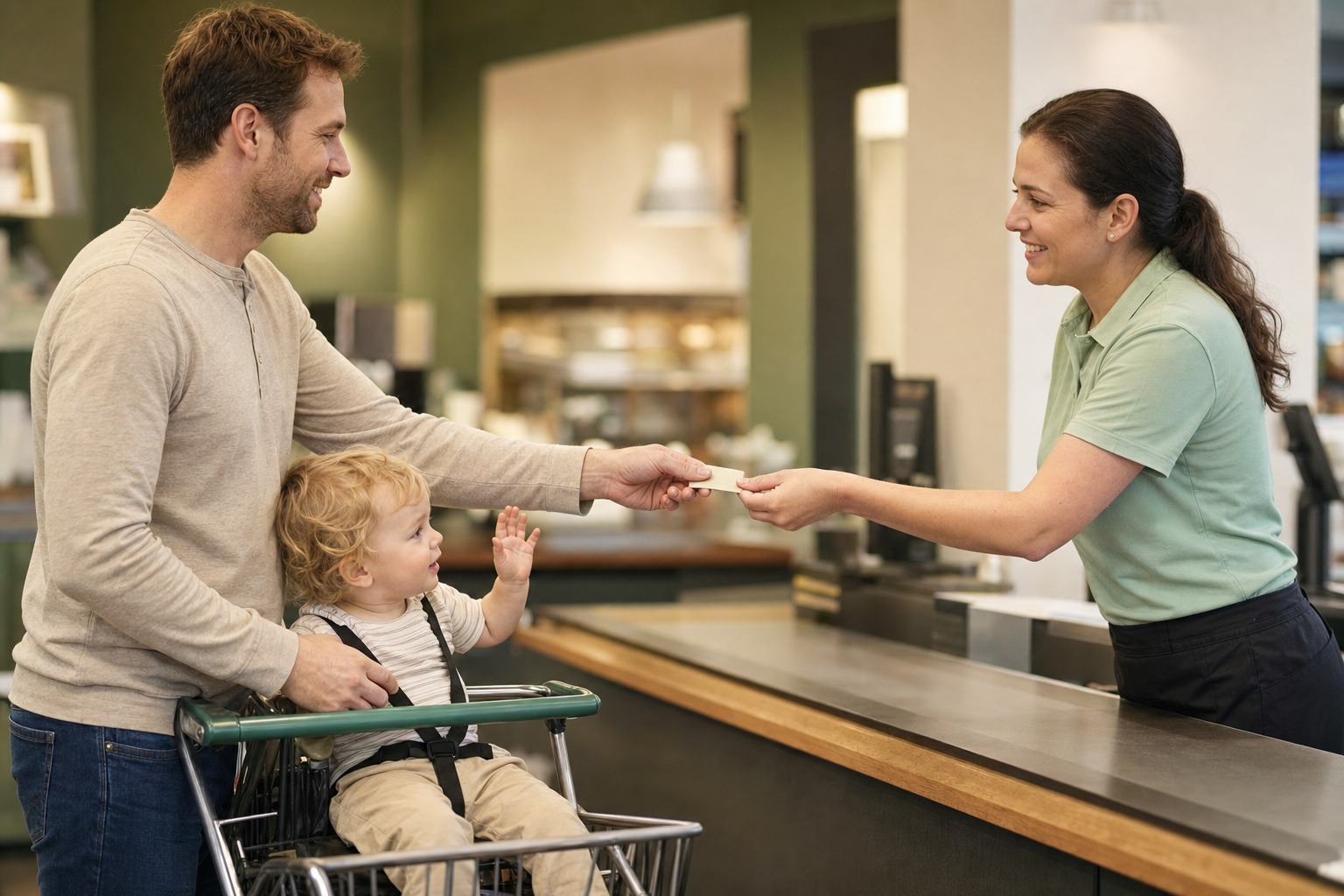 A parent gives a folded banknote to a grocery store employee while a toddler watches from a shopping cart.
