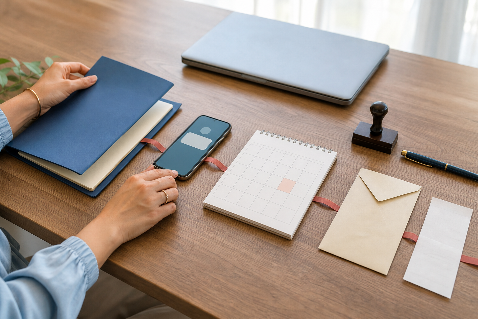 A mother's hands organize a policy folder, phone confirmation, calendar, and pay records into a connected paper trail.