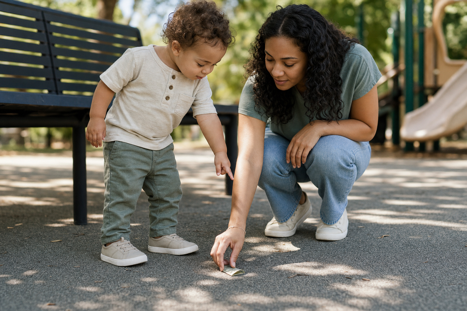 A toddler points to a folded banknote on the ground as a crouching parent reaches to pick it up.