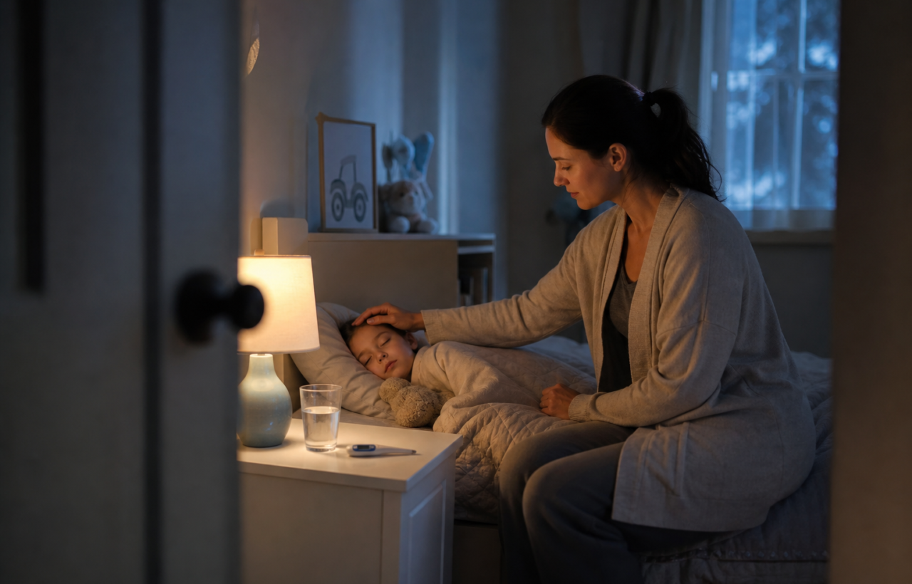 Caregiver comforting a sleeping child in a quiet nighttime bedroom
