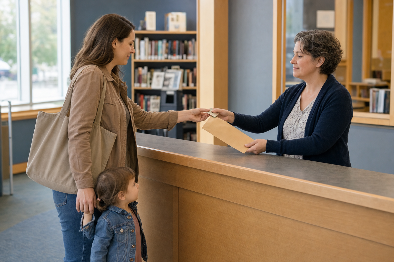 A parent and toddler watch as a library staff member places a found banknote into an unmarked envelope.