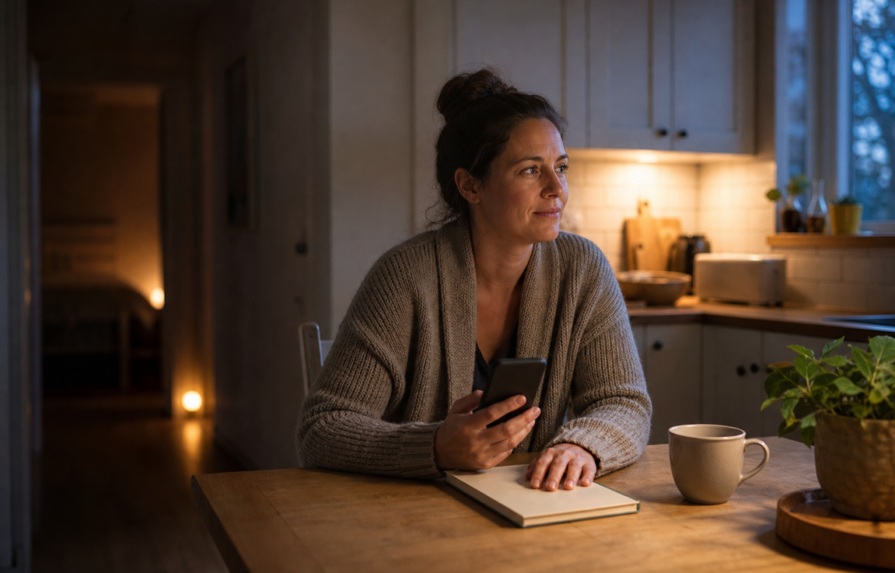 A mother sits alone at a kitchen table at night with a smartphone and closed notebook, lit by a warm lamp and cool window light.