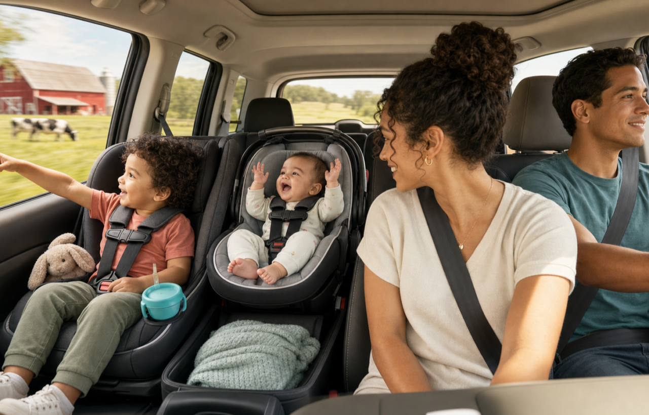 A toddler points at cows outside a car window while a baby reacts and the adults continue a family road trip.