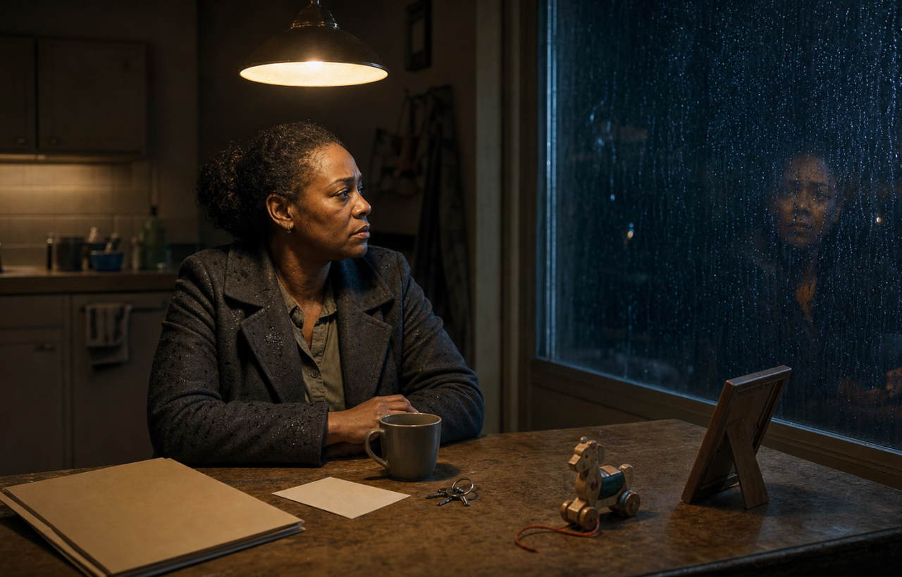 A weary investigator sits at a kitchen table at night with a closed case folder, a cold mug, a child's toy, and rain on the window.