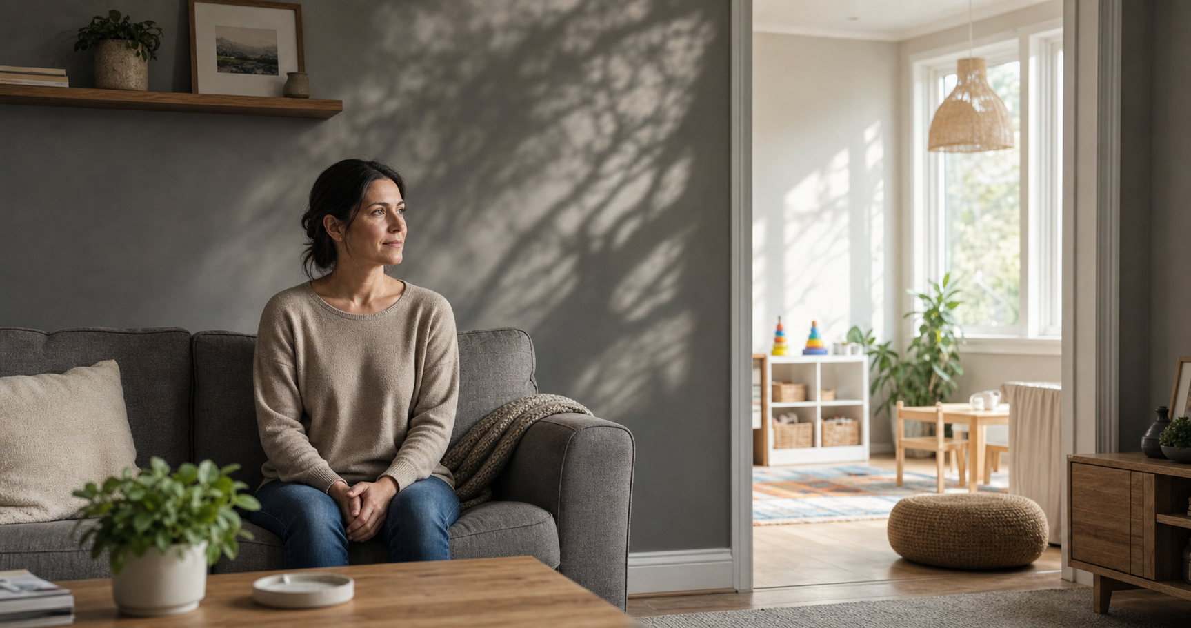 A mother sits calmly on a sofa while branch shadows resembling a storm fall across the wall behind her.