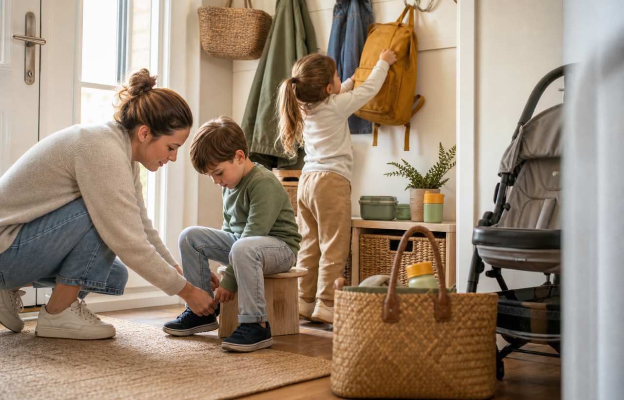 A parent helps a child with shoes in an organized entryway while another child reaches for a backpack.