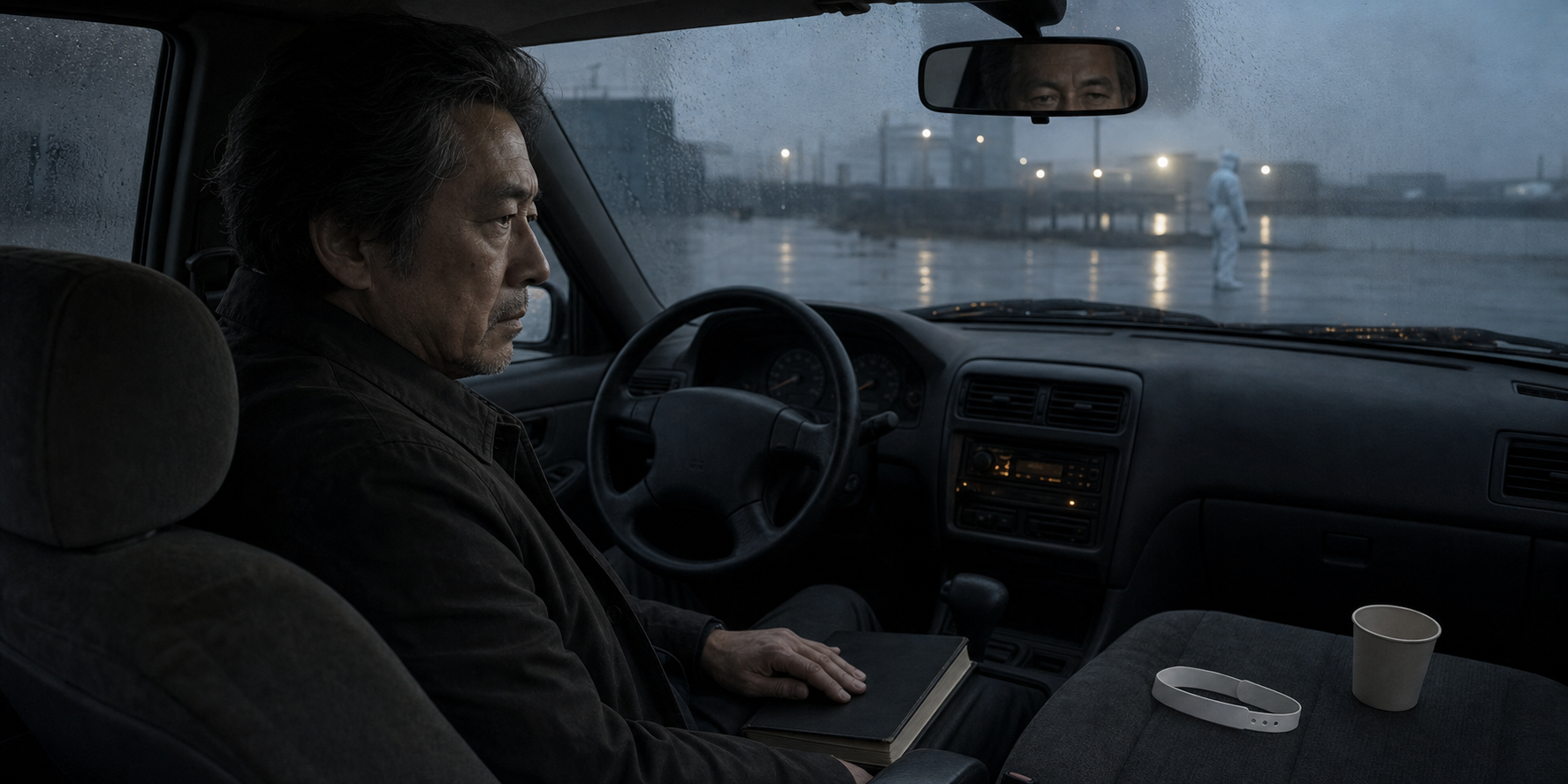 An older detective waits in a parked car by a foggy industrial waterfront, with a hospital wristband and untouched drink on the passenger seat.
