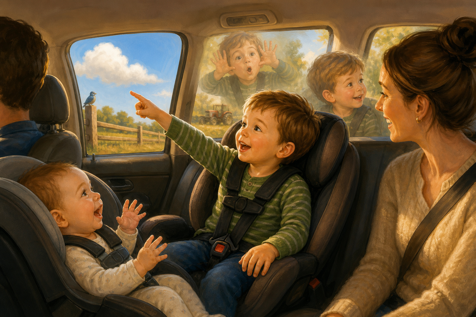 A toddler points out scenery and makes a playful animal face while a baby and adult passenger respond during a car ride.