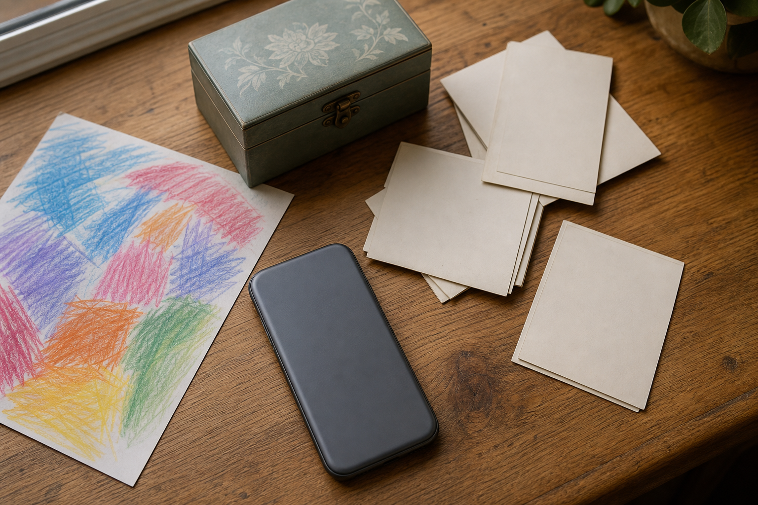 A face-down smartphone, turned-over family photographs, a child's colorful drawing, and a closed keepsake box rest on a wooden table.