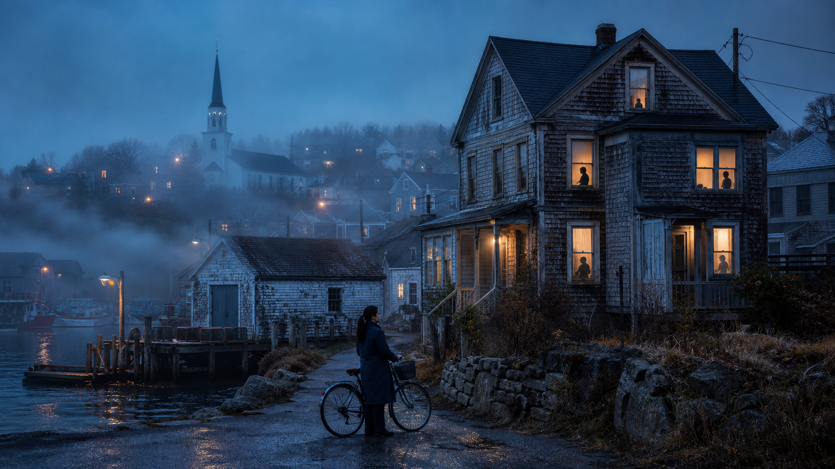 An investigator watches a weathered family home in a foggy coastal town while relatives appear in separate illuminated windows.