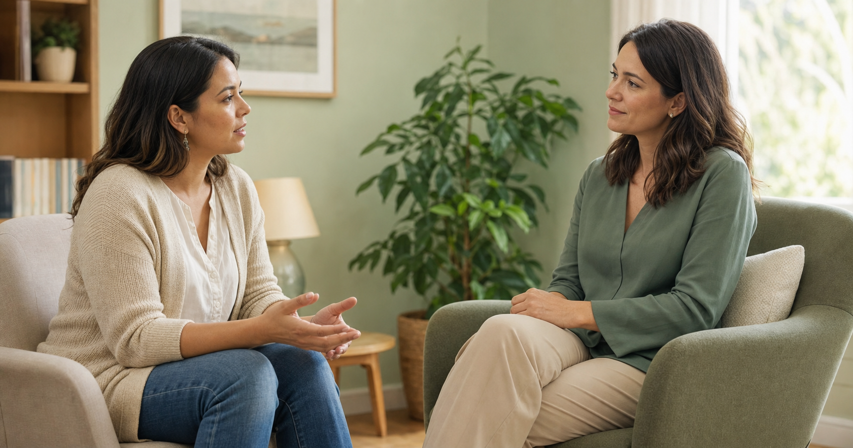 A mother speaks with a mental health professional seated across from her in a softly lit counseling room.
