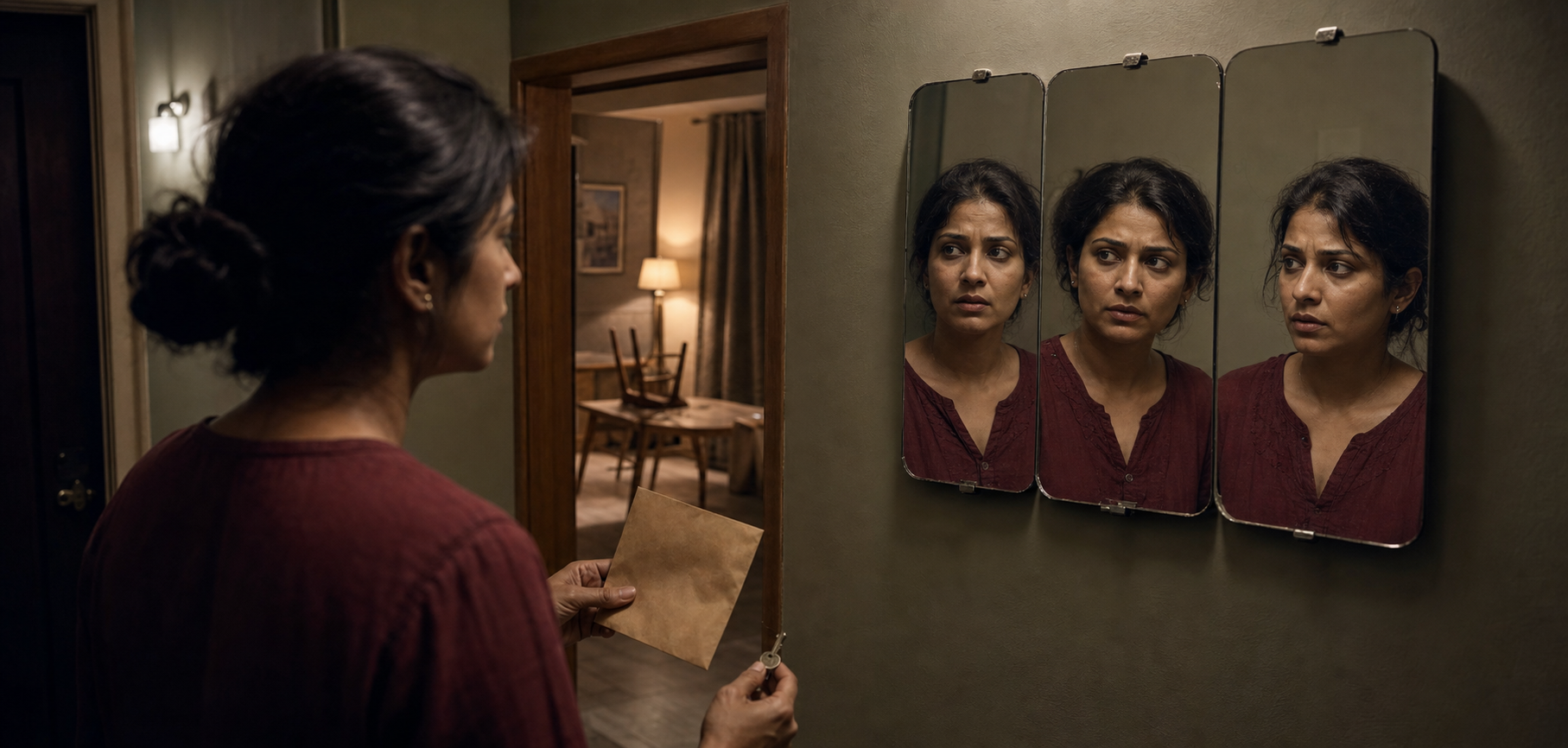 A woman holding an envelope and house key studies her face in three misaligned mirror panels in a dim apartment hallway.