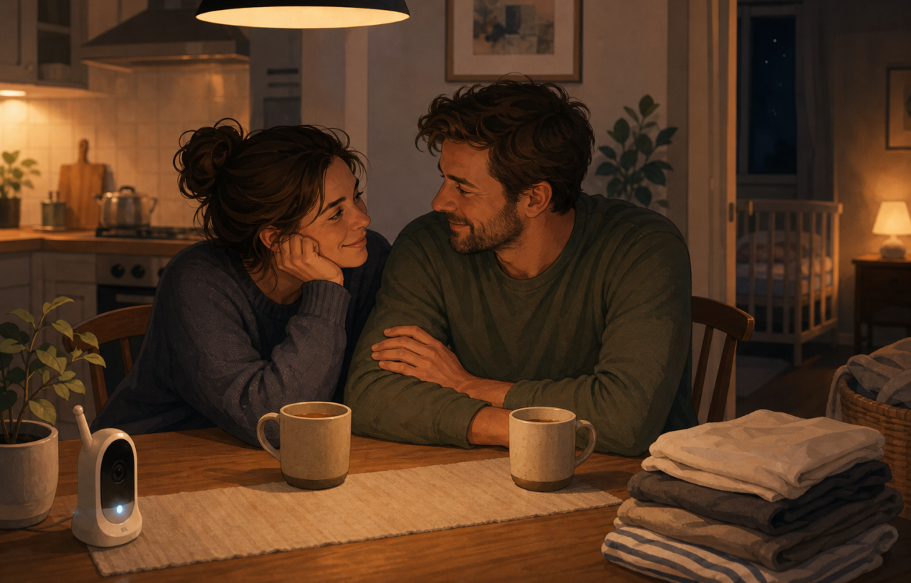 Two parents sit together at a kitchen table in a softly lit home after bedtime.