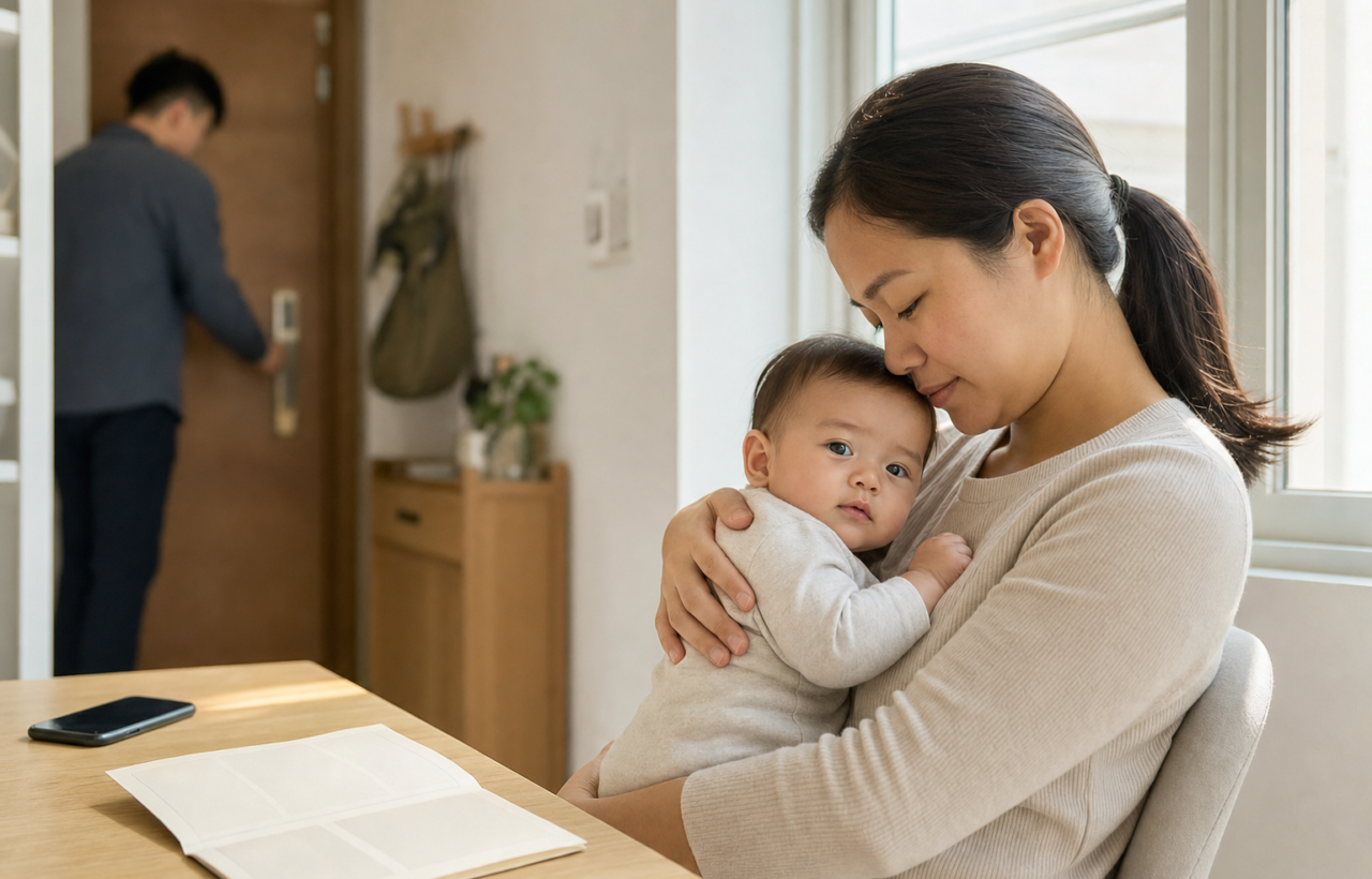 A parent cradles a baby at home beside a vaccination booklet and smartphone while another adult closes the front door.