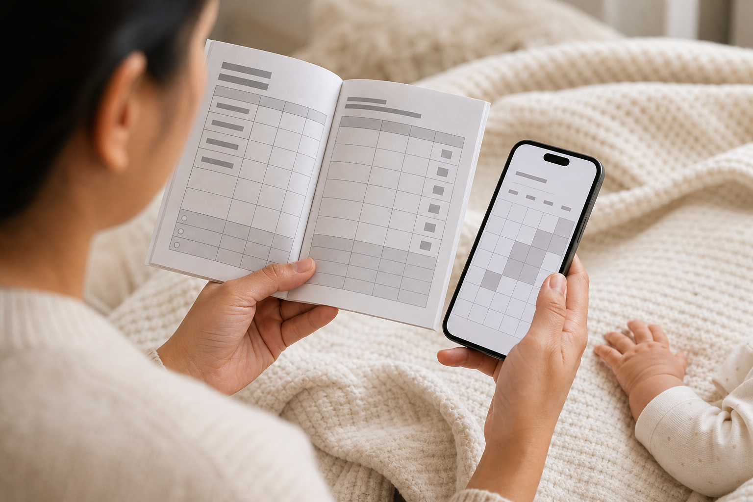 A caregiver checks a baby's paper vaccination record beside a smartphone while the baby's hand rests on a blanket.