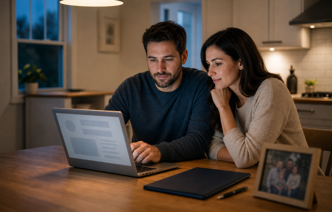 Two parents sit at a kitchen table with a laptop, pen, document folder, and blurred family photograph while preparing their will.