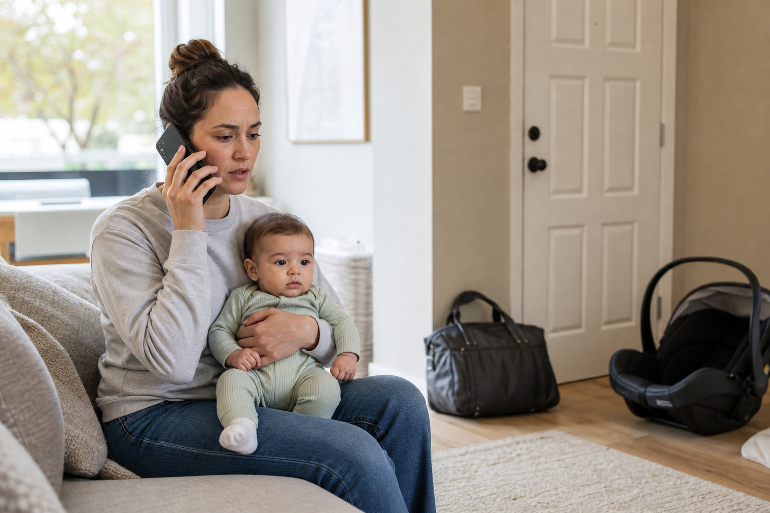 A caregiver holds a baby and speaks on the phone at home while a packed diaper bag waits near the door.