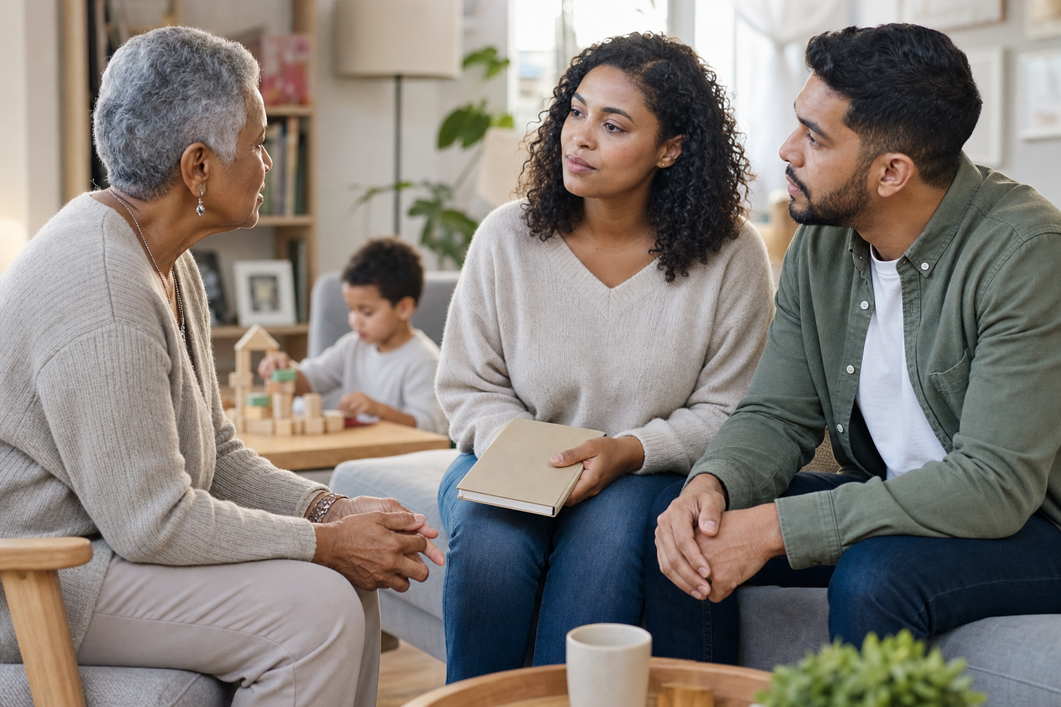 Two parents have a serious conversation with a trusted adult while a young child plays with blocks in the background.