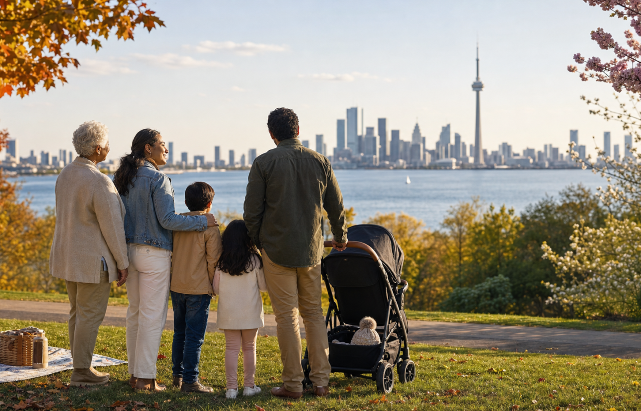 A family in a Toronto waterfront park with seasonal items and the city skyline in the distance.
