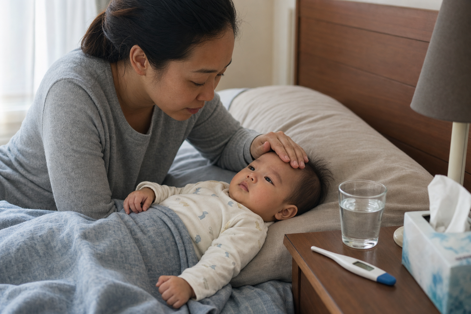 A caregiver gently checks a baby's forehead at home with a thermometer and tissues nearby.