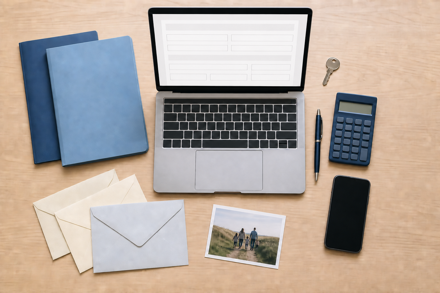 A laptop, folders, house key, calculator, phone, pen, envelopes, and family photo are neatly arranged on a table for will preparation.