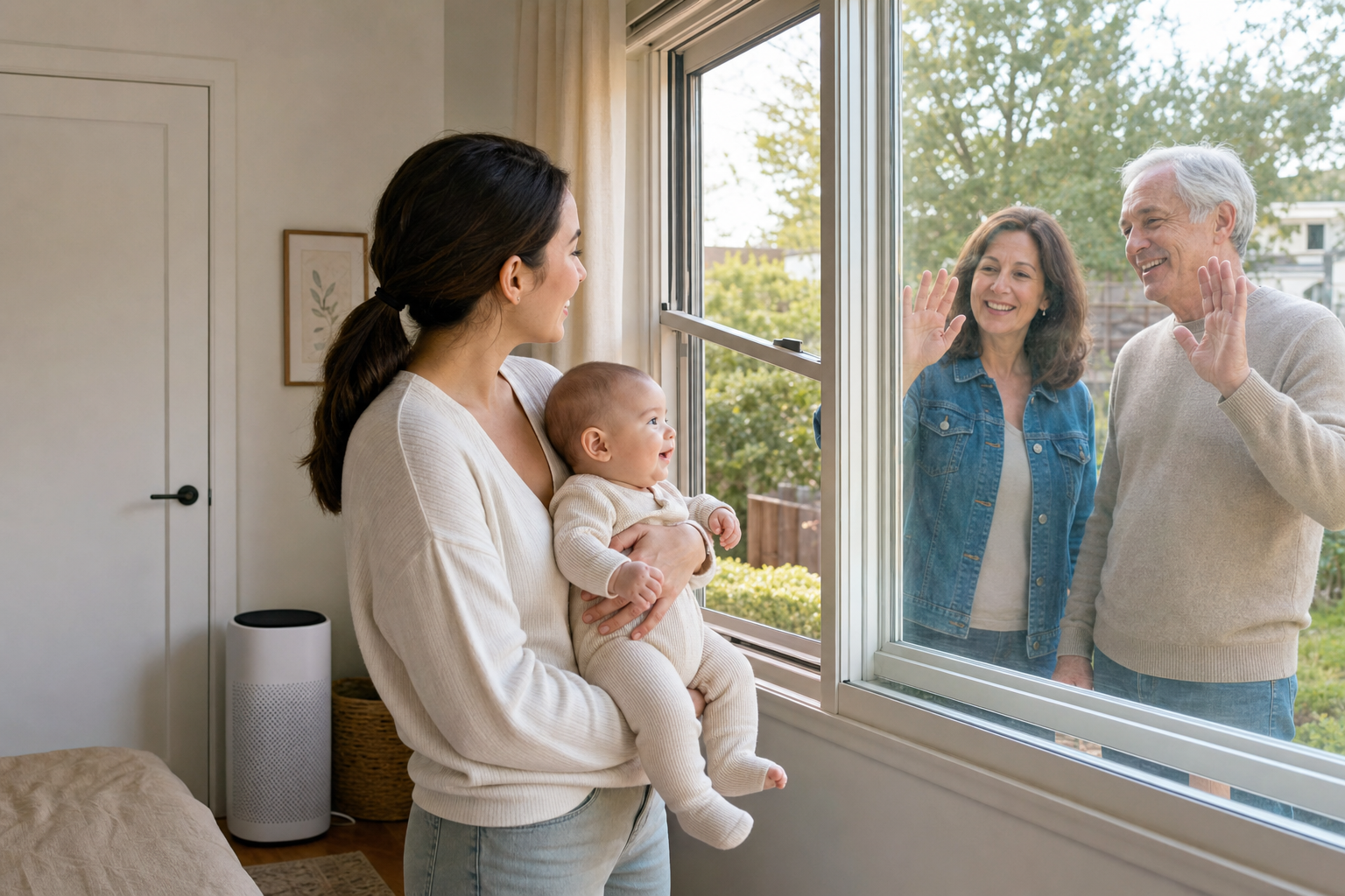 A parent holds a baby beside an open window while relatives greet them from outside instead of entering the home.