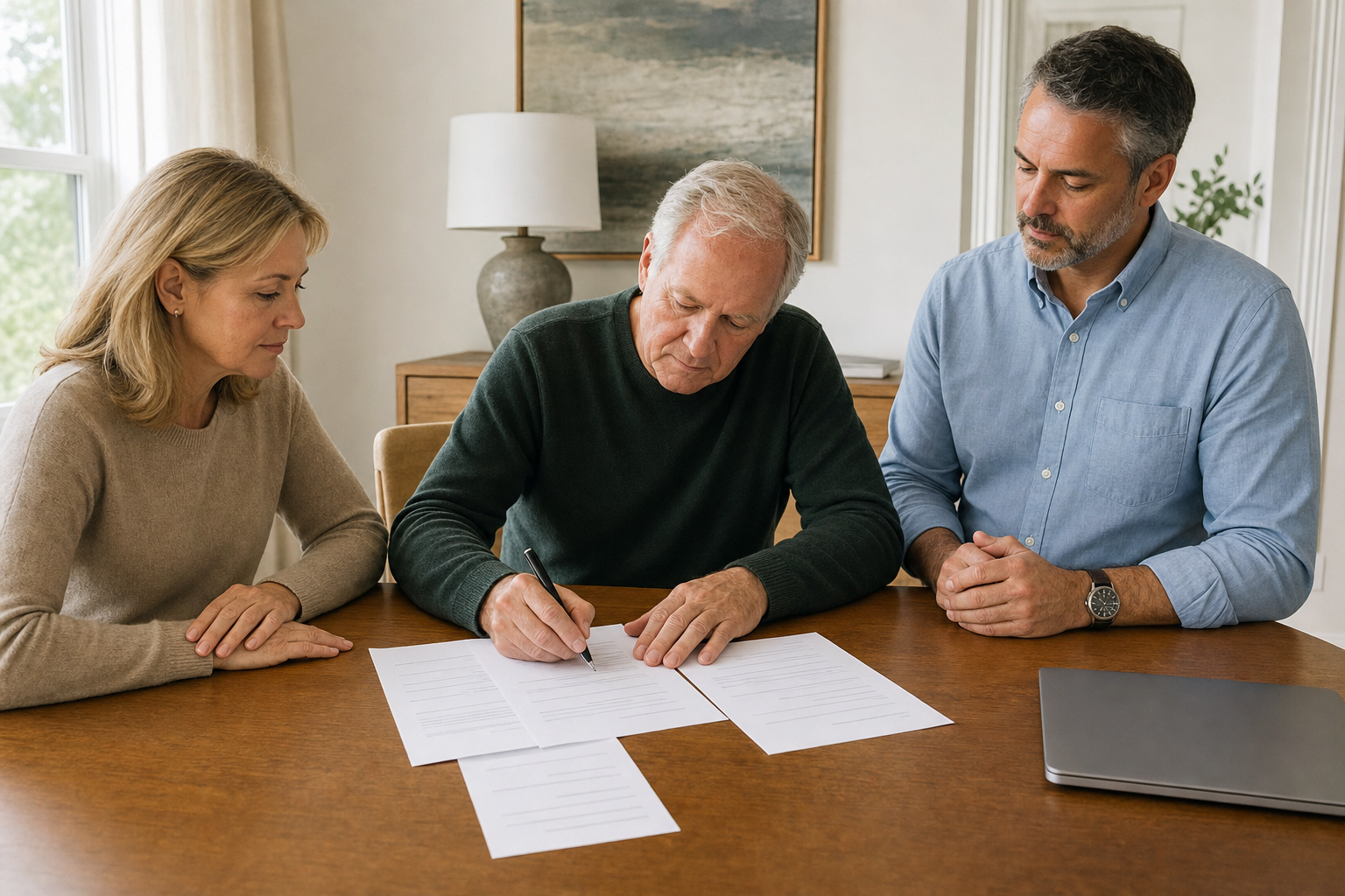 A parent signs a paper document at a dining table while two adult witnesses observe and a closed laptop sits nearby.