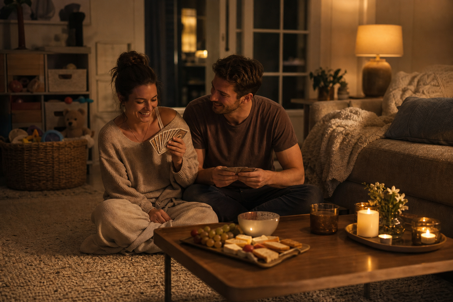 A couple has a quiet at-home date in a living room with snacks, candles, and toys in the background.