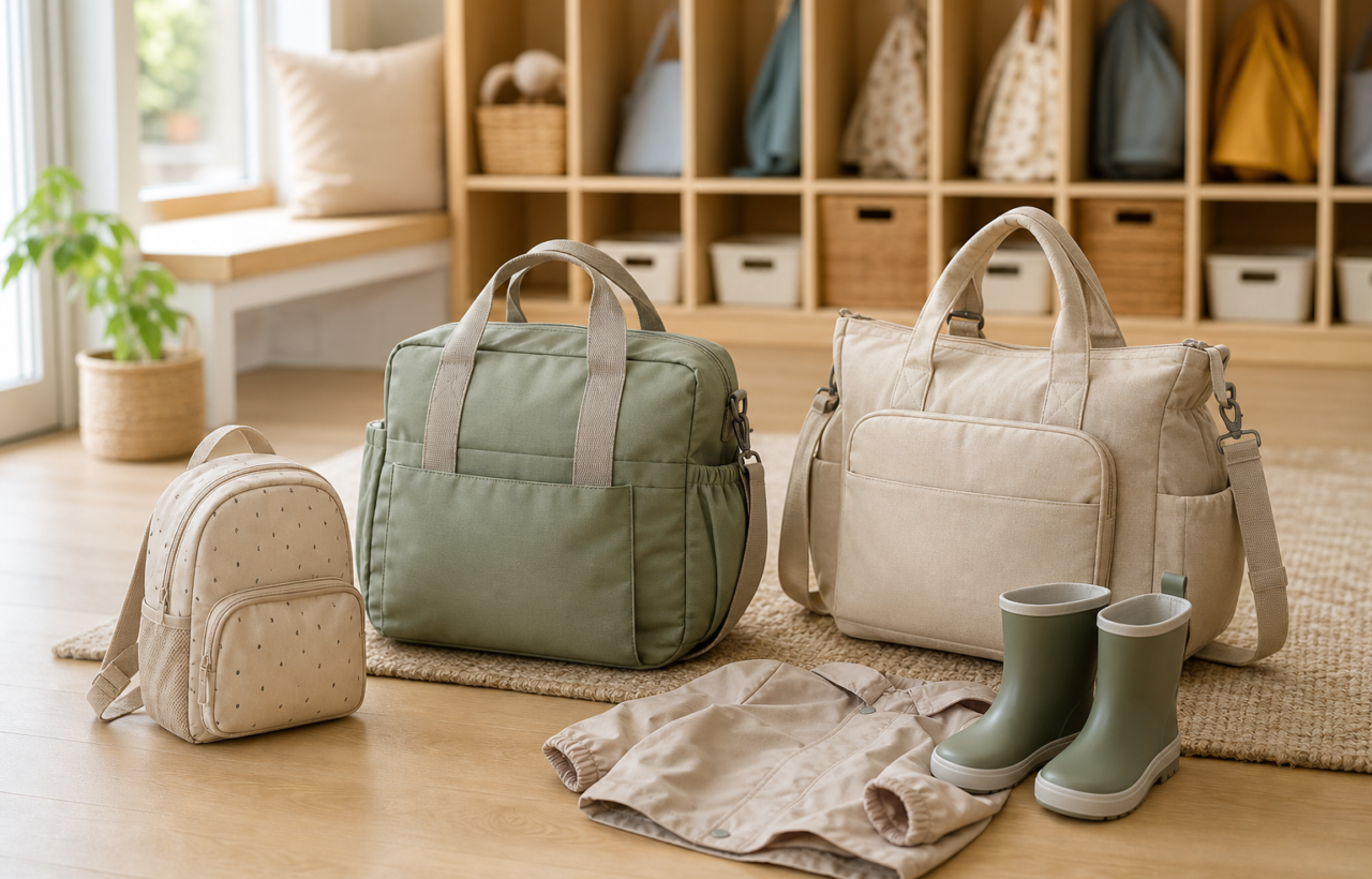 A small toddler rucksack, a caregiver-sized daycare bag and a diaper bag arranged beside tiny boots and a jacket in a daycare entryway.