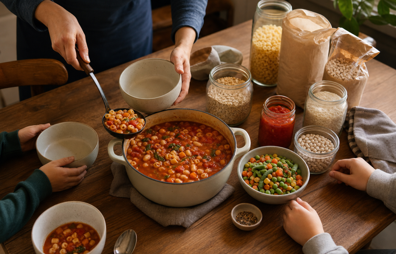 A family is served tomato, bean, and pasta stew beside jars and packages of basic pantry ingredients on a kitchen table.