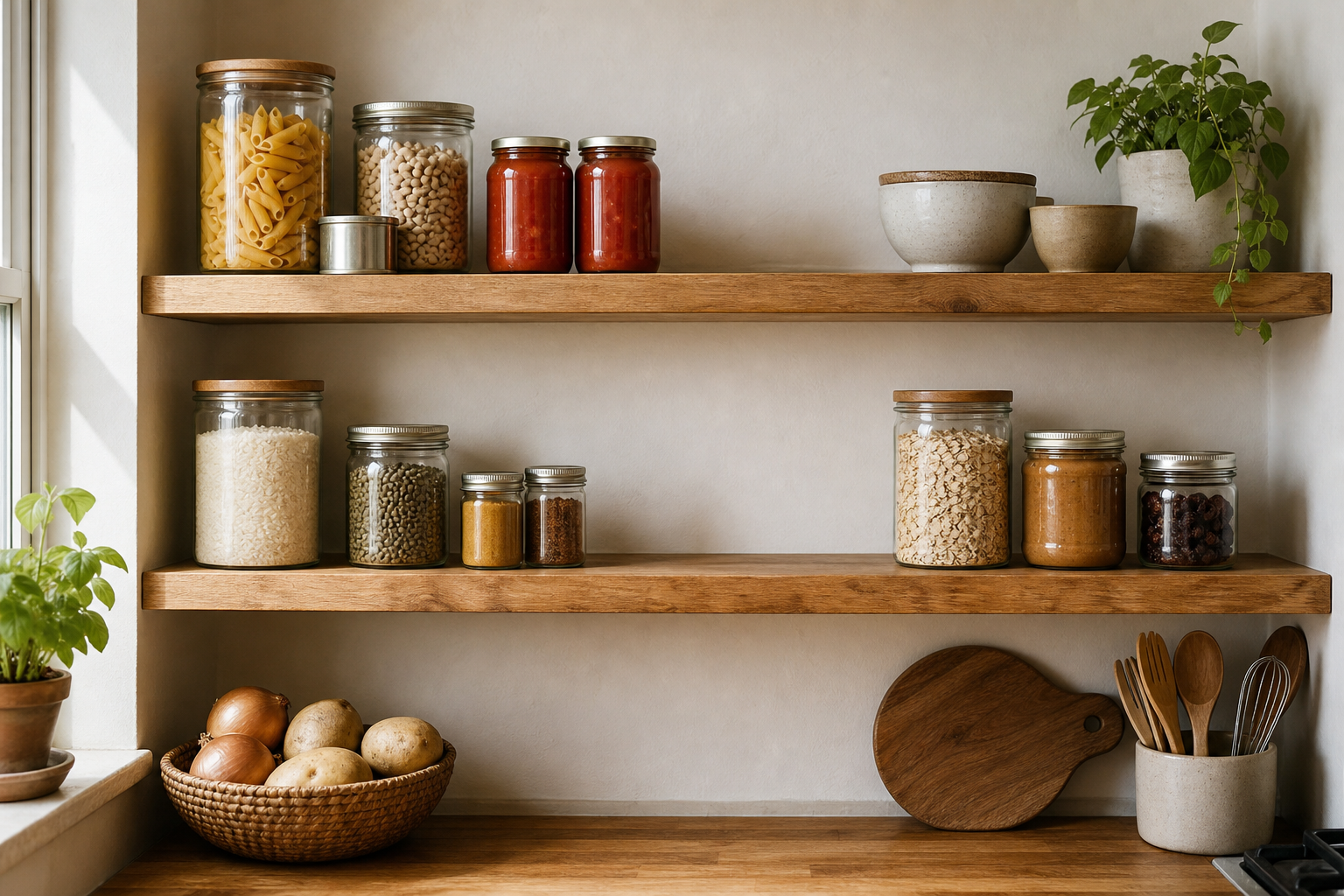 Open pantry shelves hold small groups of pasta, tomatoes, beans, rice, lentils, oats, and other ingredients that can be combined into meals.