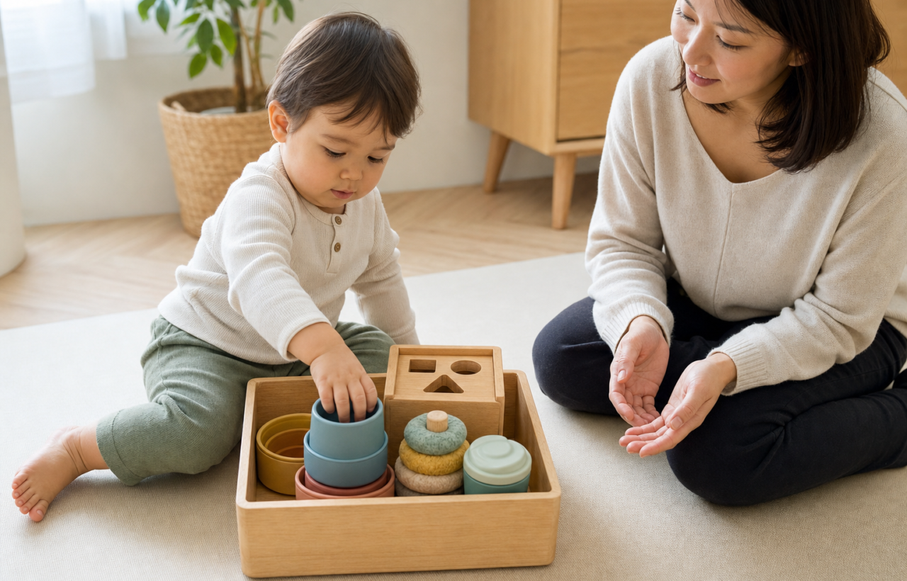 A toddler reaches into a small activity box of chunky toys while a caregiver supervises from nearby.