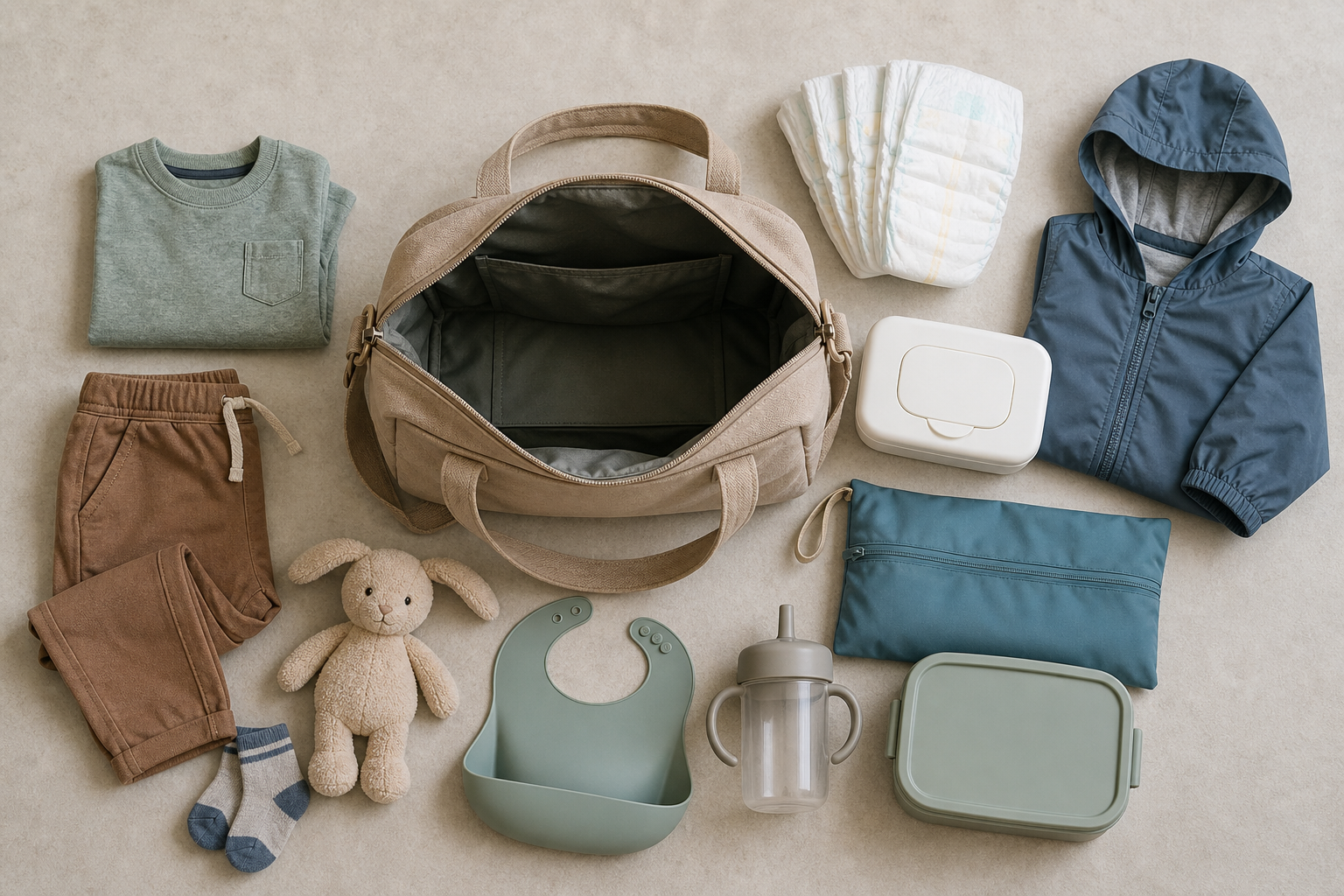 An open daycare bag surrounded by spare clothes, diapers, wipes, a bib, a comfort toy, a drink cup, a lunch container and a wet bag.