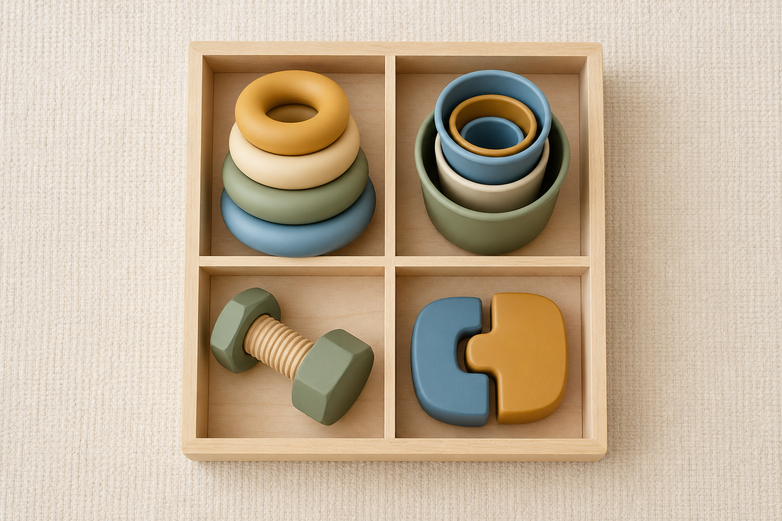 A divided wooden box holds large stacking rings, nesting cups, a turning toy, and oversized interlocking pieces.