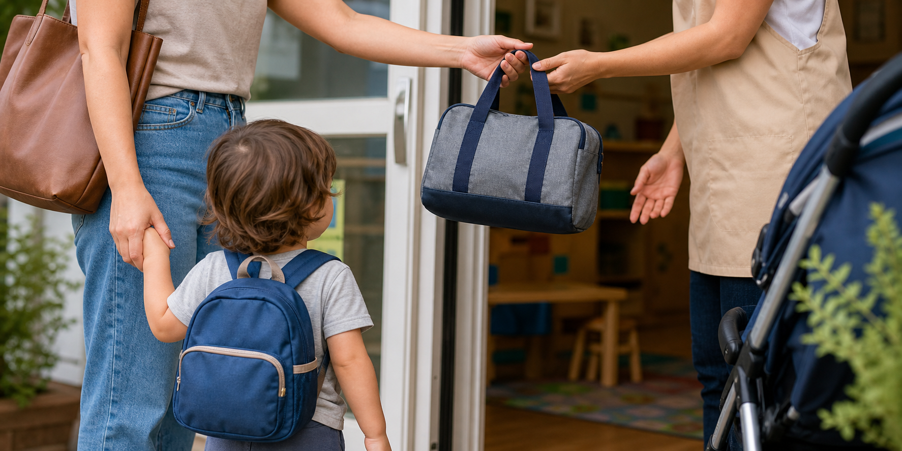 A caregiver passes a daycare bag to an educator while holding a toddler's hand, and the toddler wears a small fitted rucksack.