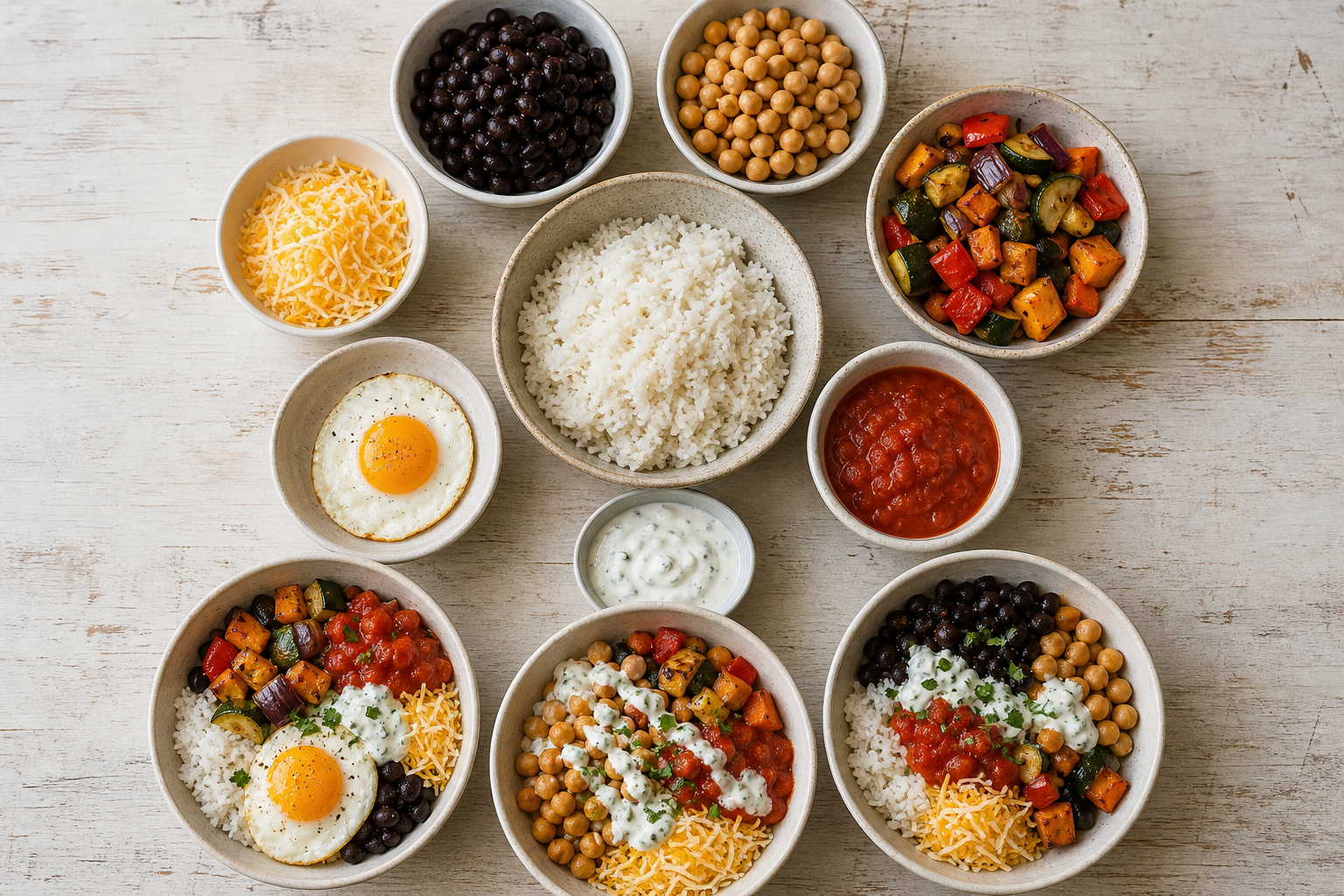Rice, beans, vegetables, cheese, egg, and sauces are arranged beside three differently assembled family meal bowls.