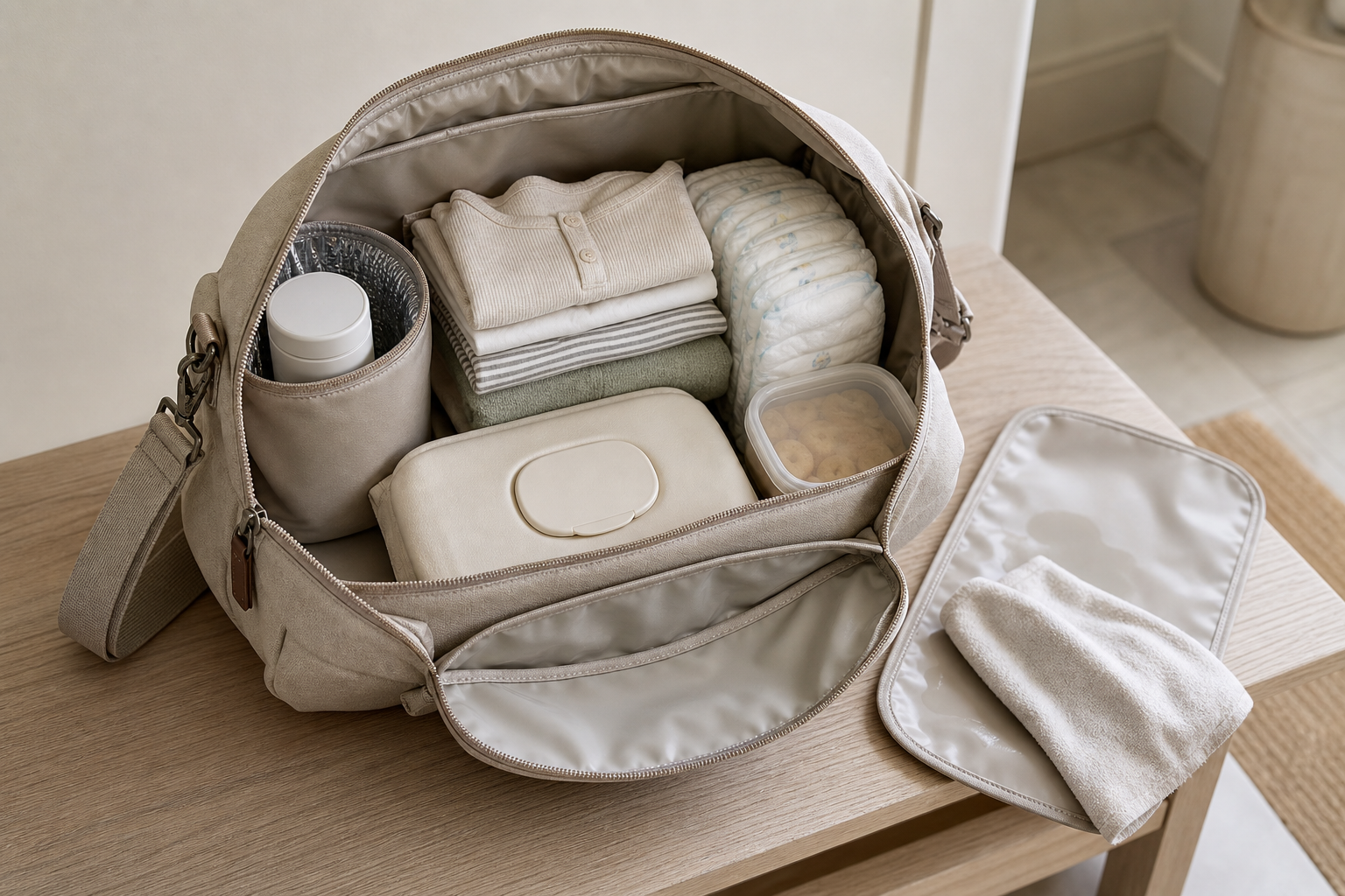 An open daycare bag with spare clothes, diapers, wipes and a snack container arranged in accessible compartments beside a cloth and removable liner.