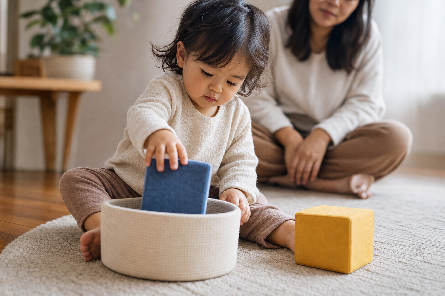 A toddler independently drops a large soft block into a wide container while an adult watches nearby.